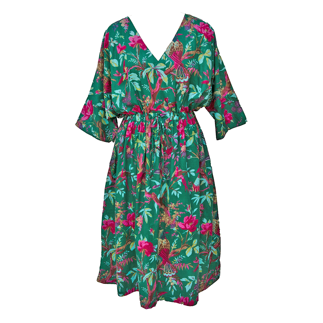 Jade Green Birdies Cotton Maxi Dress UK Size 18 32 M160 The Global Mandala Clothing Co