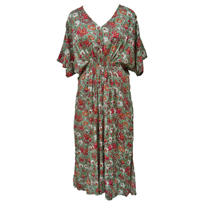 Stone Green Floral Smocked Maxi Dress Size 16-32 PL19