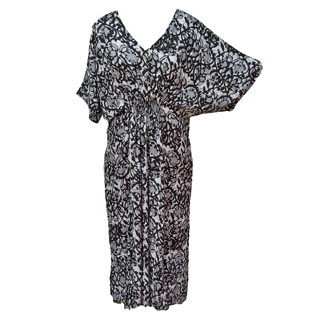 N Black Batik Floral Smocked Maxi Dress Size 16-32 PL21