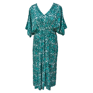 Teal Batik Floral Smocked Maxi Dress Size 16-32 PL23