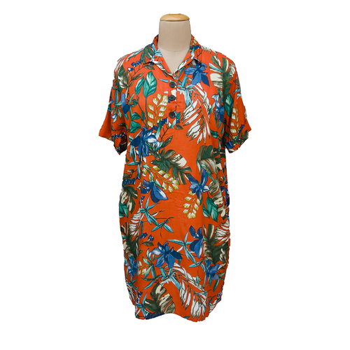 Orange Tropical Viscose Shirt Dress Size 12-30 SO5