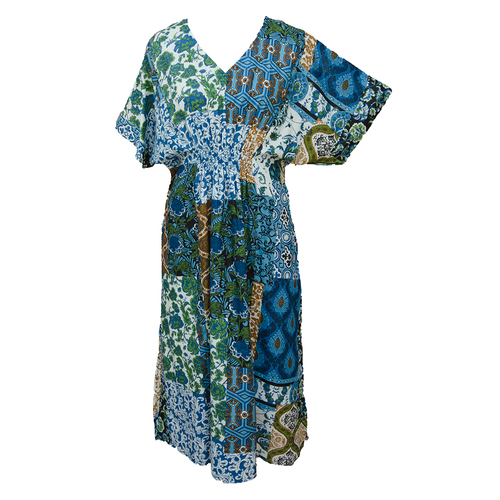 Blue Patchwork Print Cotton Smocked Maxi Dress Size 16-32 P243
