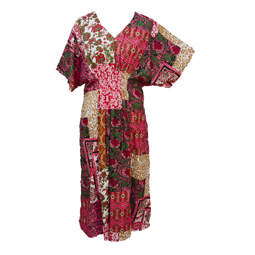 Hibiscus Patchwork Print Cotton Smocked Maxi Dress Size 16-32 P245