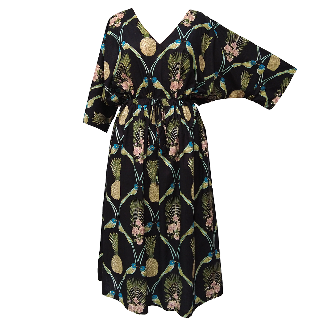 Black Bird and Pineapple Cotton Maxi Dress UK Size 18-32 SSF47