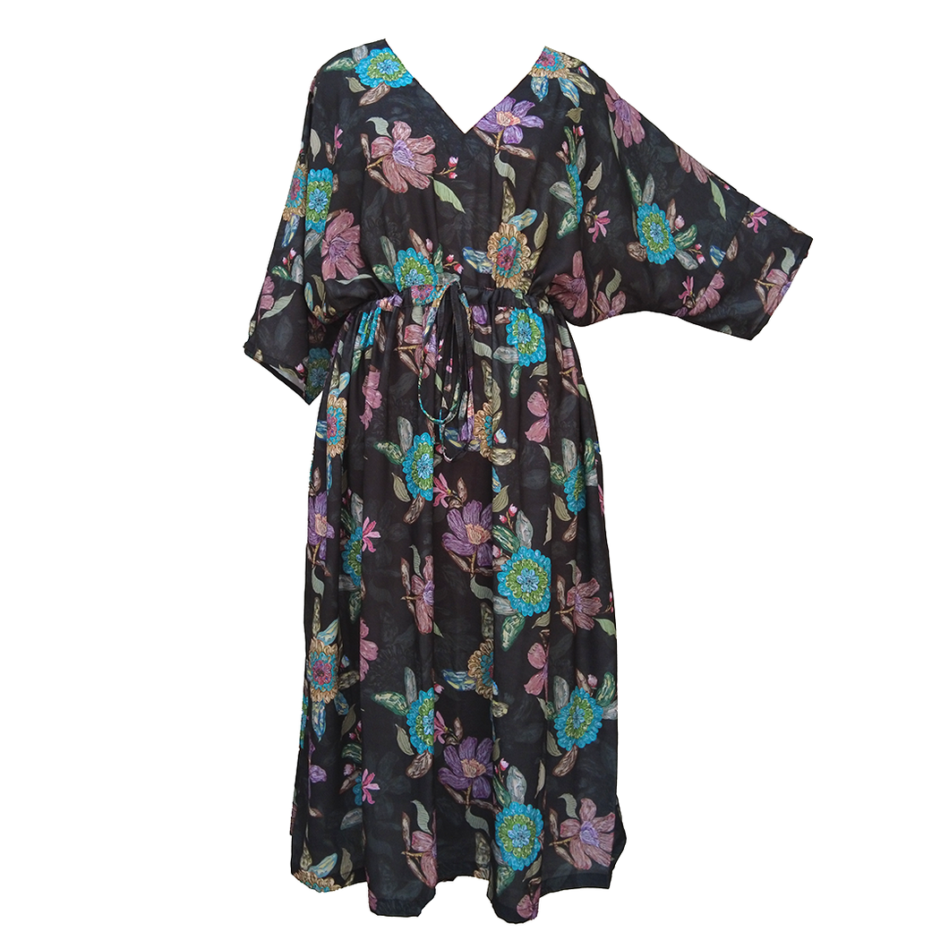 Vintage Floral Black Crepe Maxi Dress UK Size 18-32 SSF9