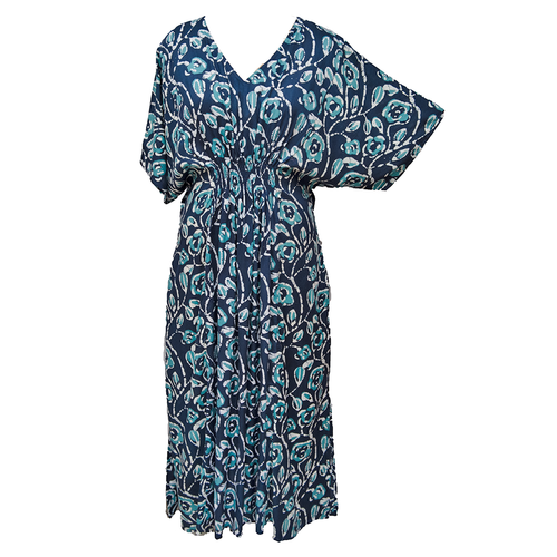 Batik Indigo Tie Dye Smocked Maxi Dress Size 16-32 PL15