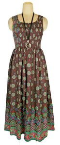 Brown 100% cotton sleeveless long dress with magic stretchable chest UK size 10-14