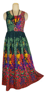 GREEN 100% cotton sleeveless long dress with magic stretchable chest UK size 10-14