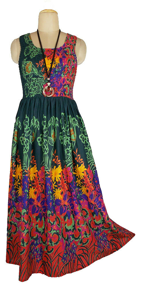 GREEN 100% cotton sleeveless long dress with magic stretchable chest UK size 10-14
